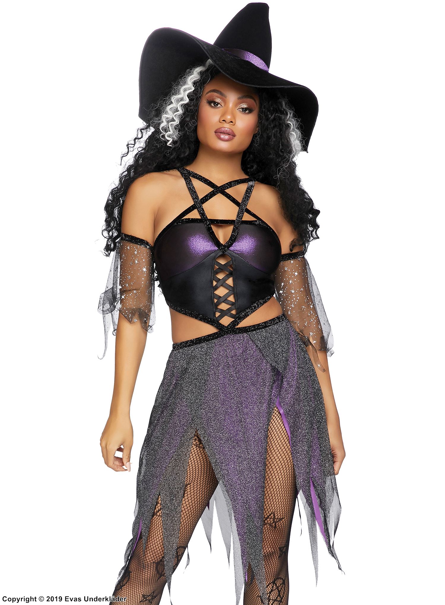 Trollkvinna, maskeradklänning med pentagram, revor och glitter